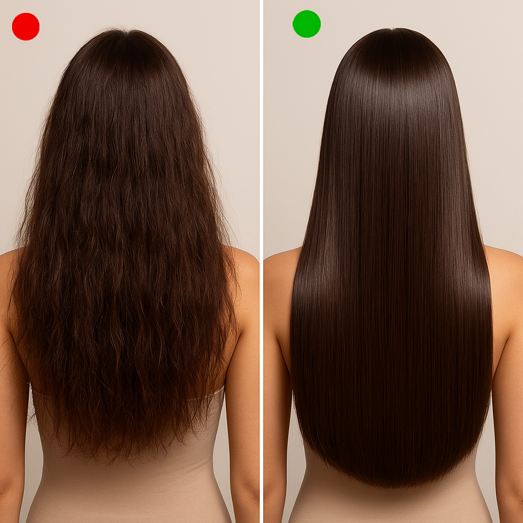Avant après lissage des cheveux avec brosse lissante lisseur cheveux sans fil Lisséllia.