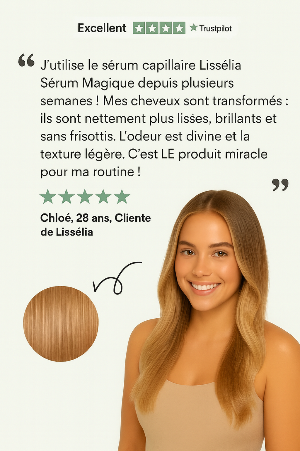 Avis d'une cliente après utilisation du sérum capillaire lissant et anti-frisottis Lisséllia.