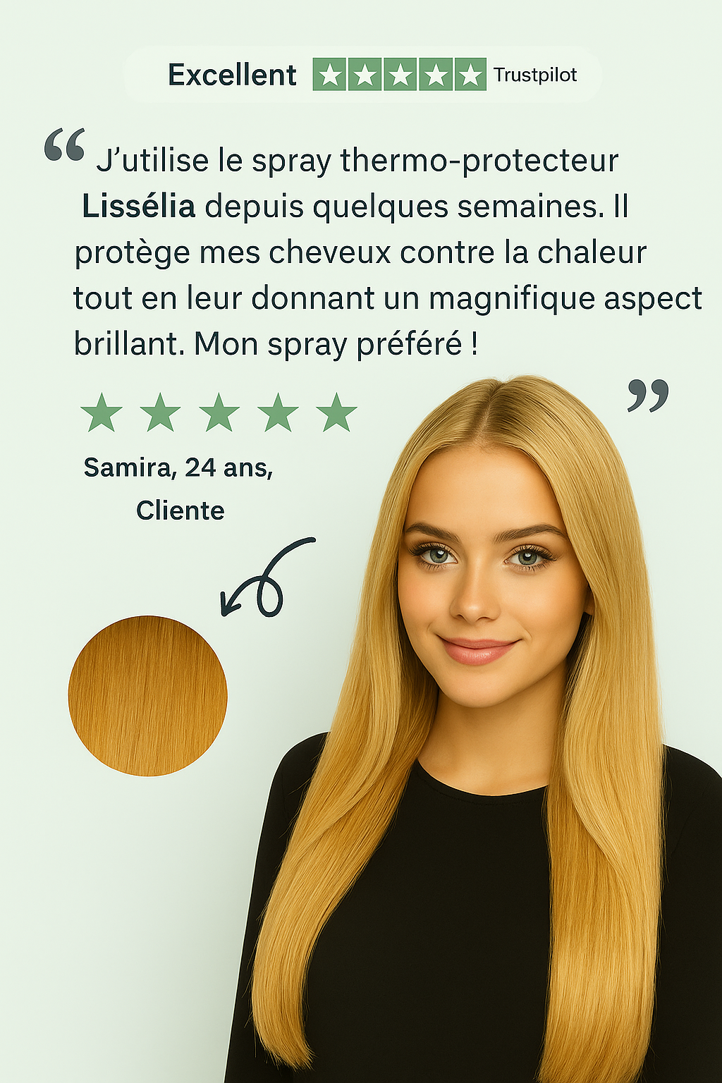 Avis d'une cliente après utilisation du spray protection thermique Lisséllia.