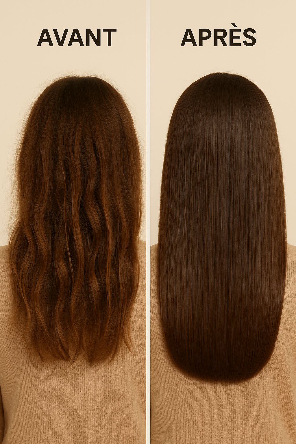 Avant après cheveux lissés avec le spray protection thermique Lisséllia
