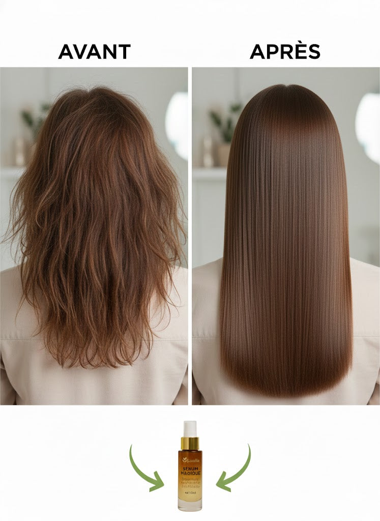 Cheveux avant et après application du sérum capillaire lissant et anti-frisottis Lisséllia.