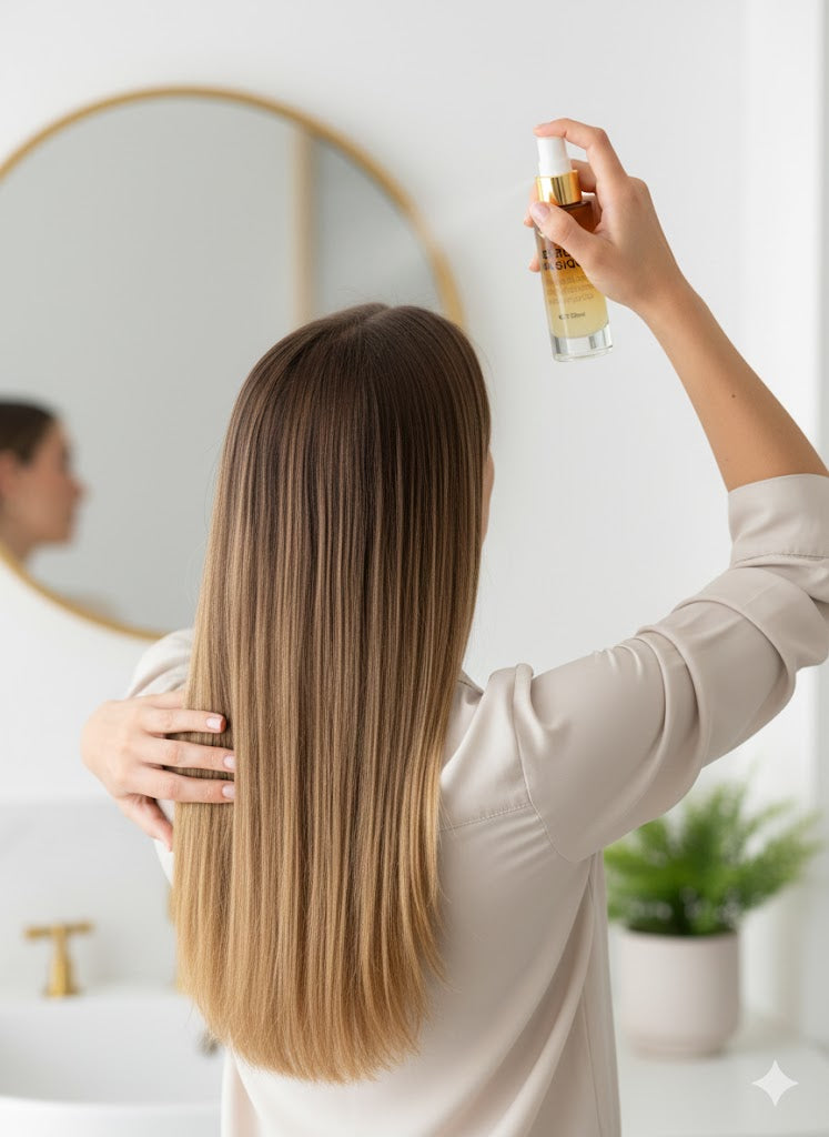 Application du sérum capillaire Lisséllia sur cheveux lisses pour les nourrir, les protéger et réduire les frisottis.